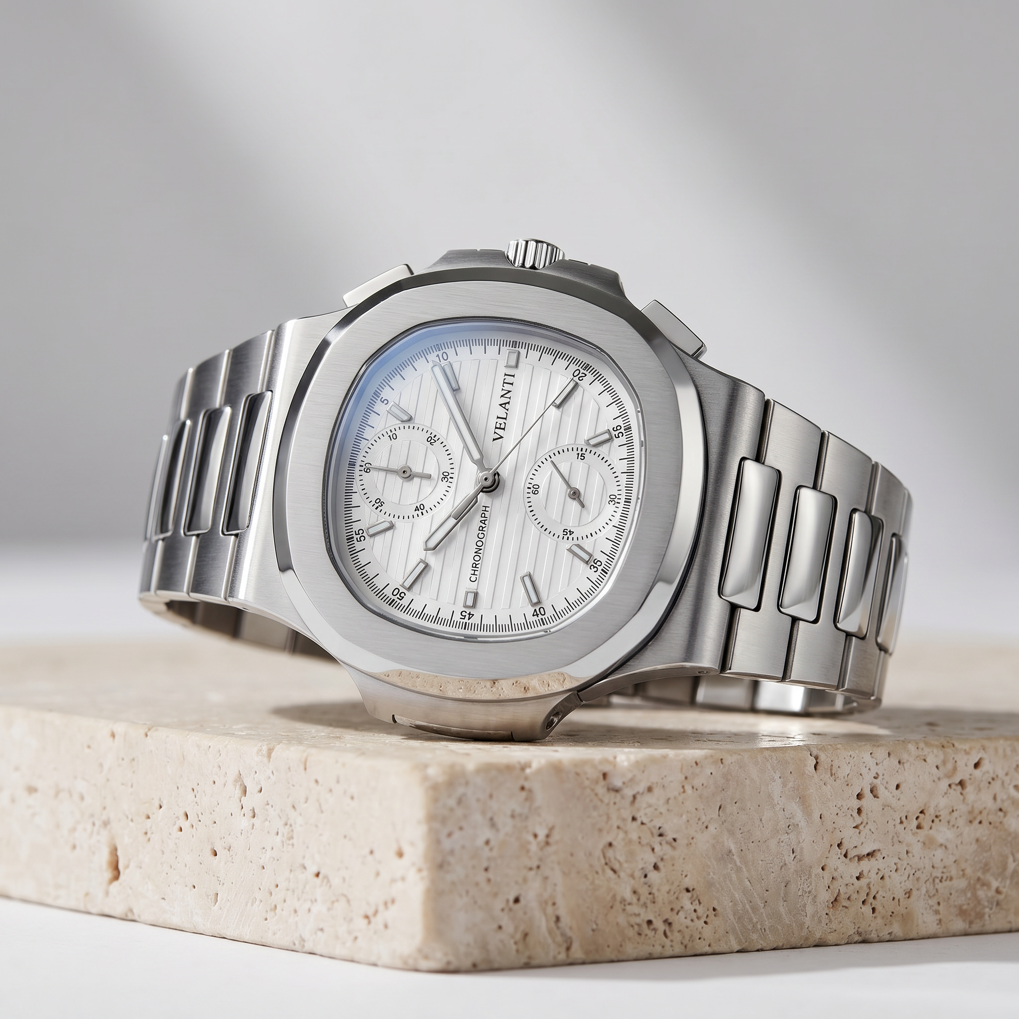 Nautilus-style chronograph watch, Velanti Milano Nautvel Chrono White, product photo 2