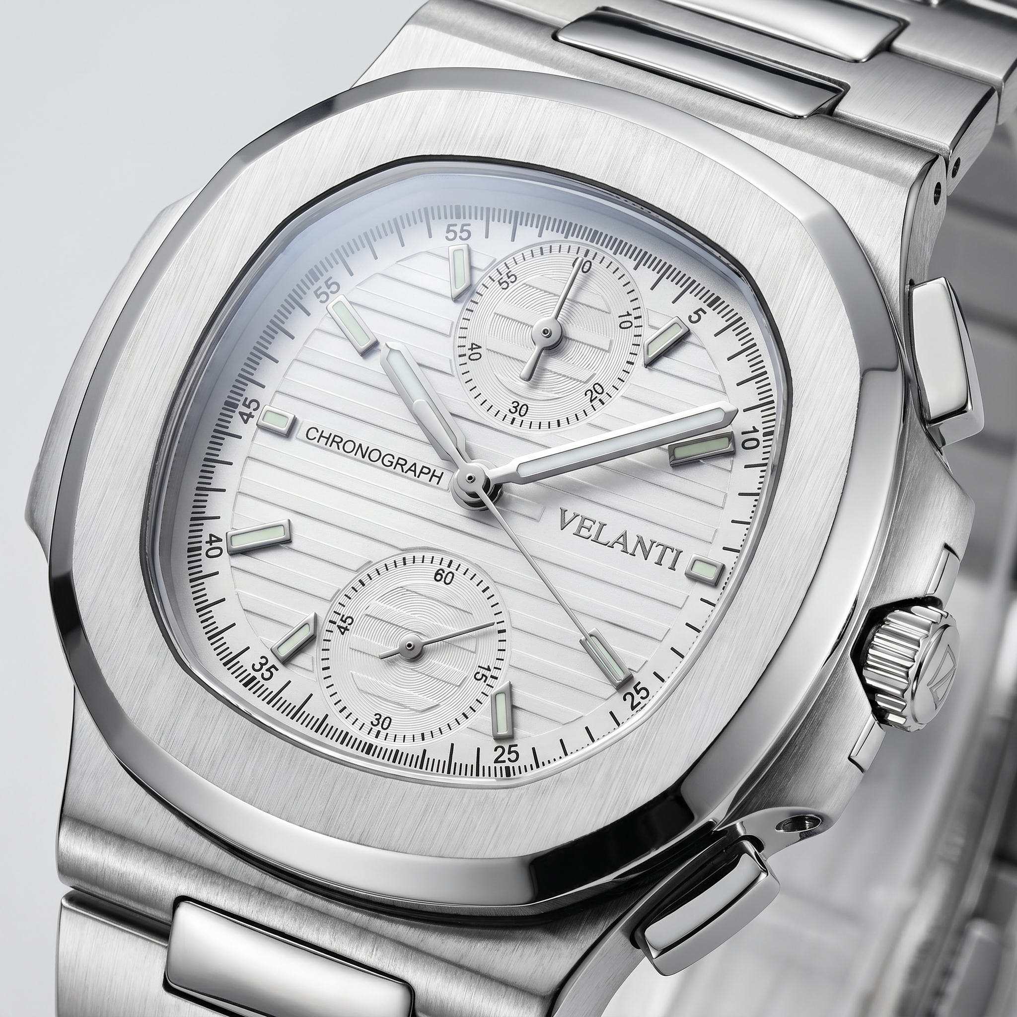 Nautilus-style chronograph watch, Velanti Milano Nautvel Chrono White, product photo 3
