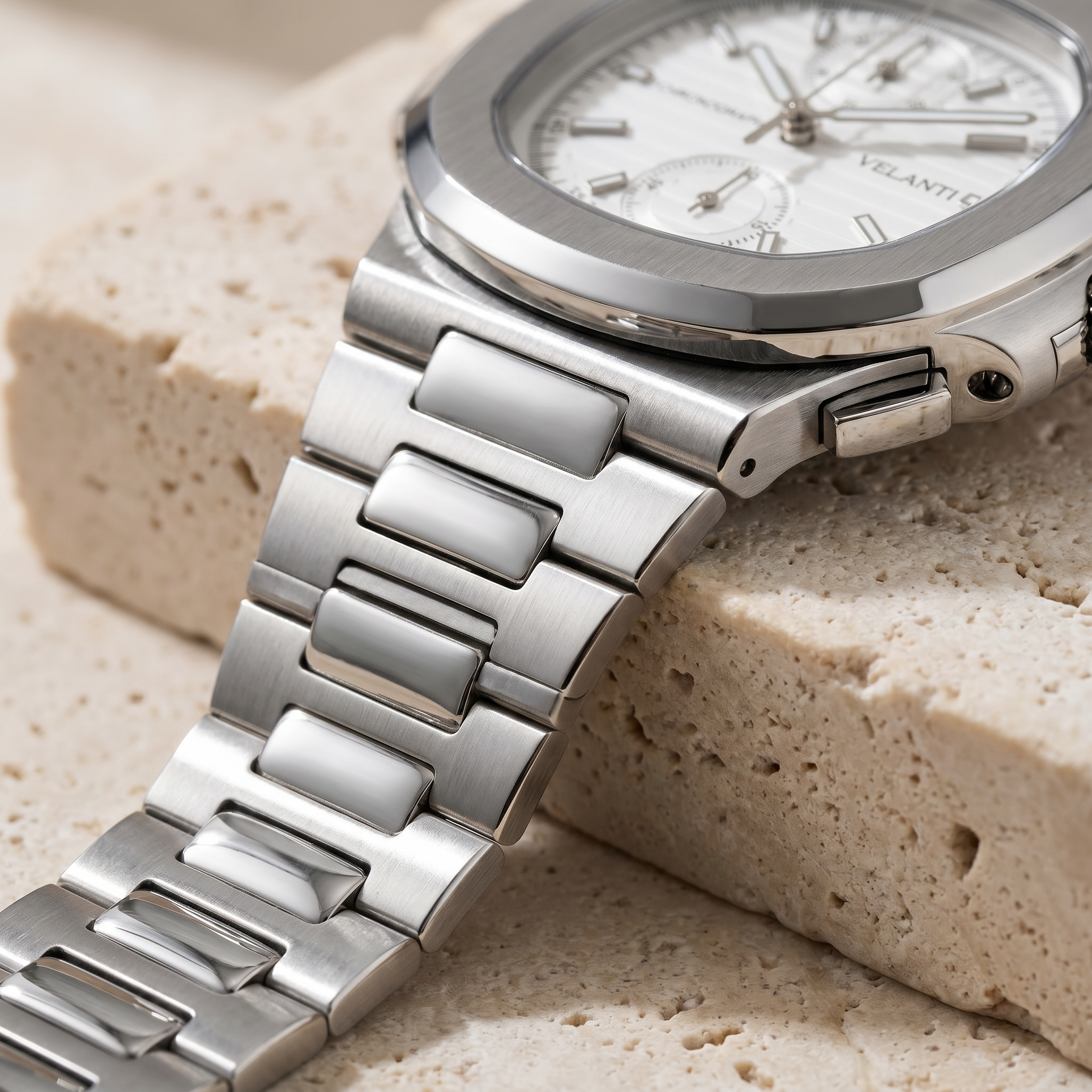 Nautilus-style chronograph watch, Velanti Milano Nautvel Chrono White, product photo 5
