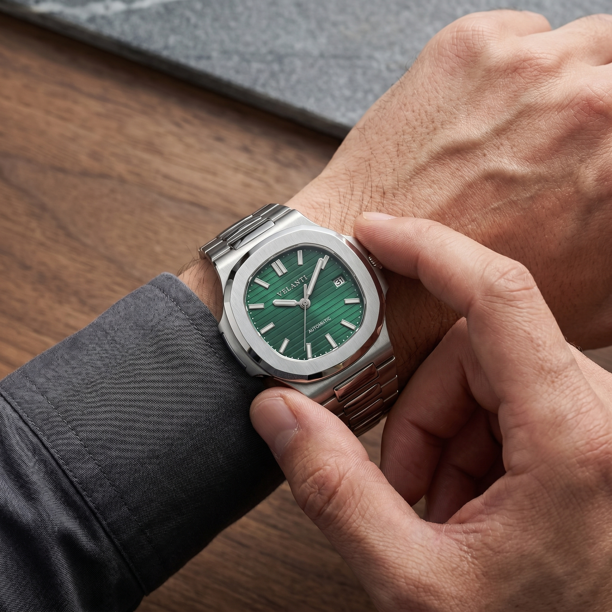 Nautilus-style automatic watch, Velanti Milano Nautvel Metallic Green worn on wrist photo 3