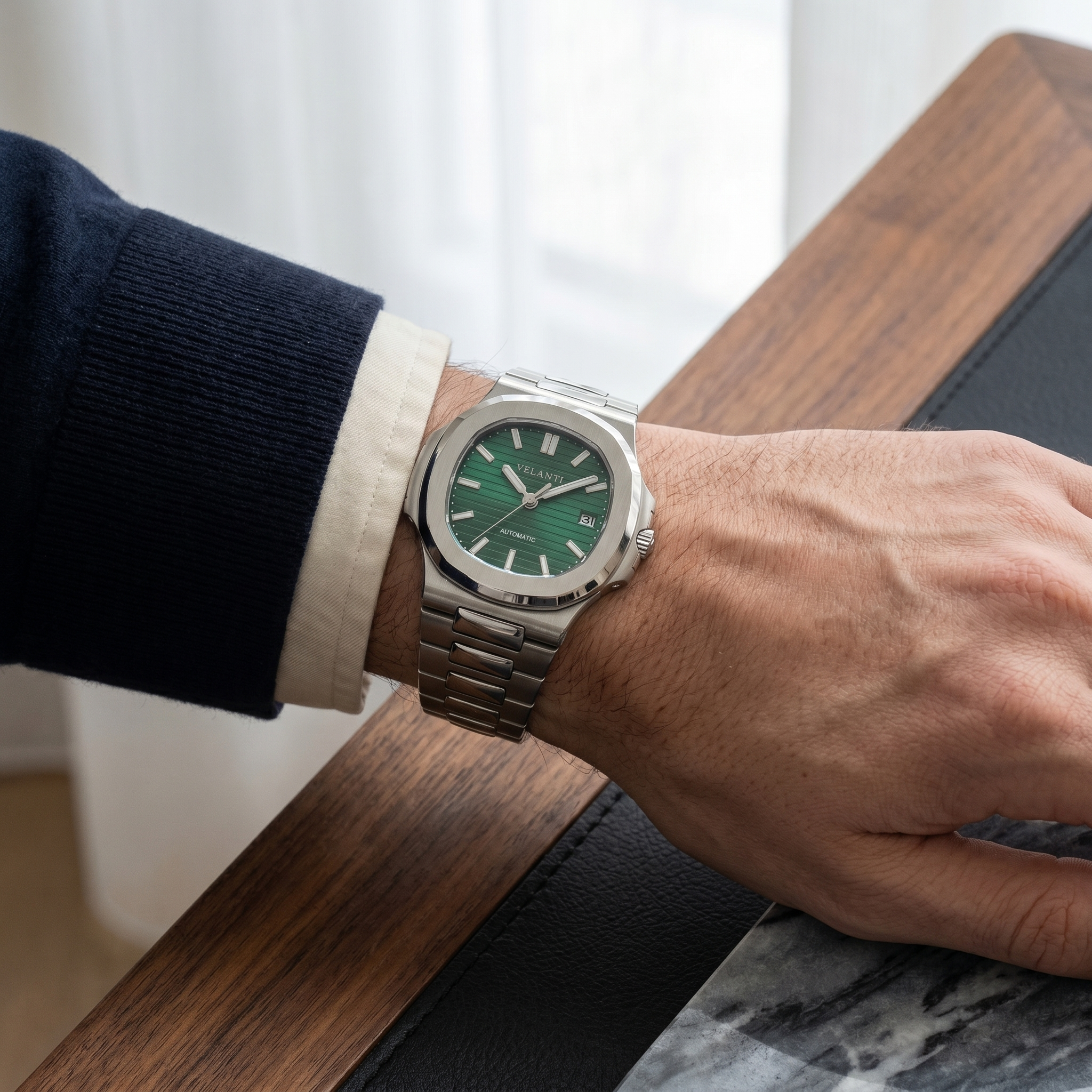 Nautilus-style automatic watch, Velanti Milano Nautvel Metallic Green worn on wrist photo 6
