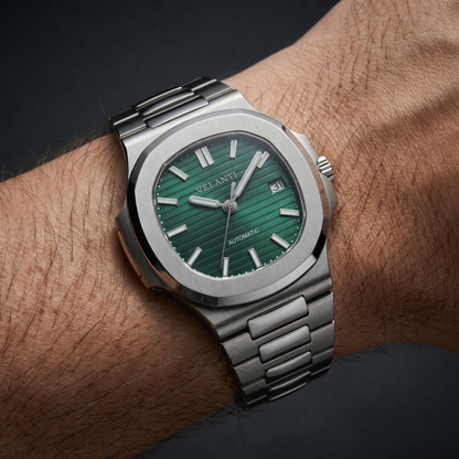 Nautilus-style custom mod watch, Velanti Milano Nautvel Metallic Green, product photo 7