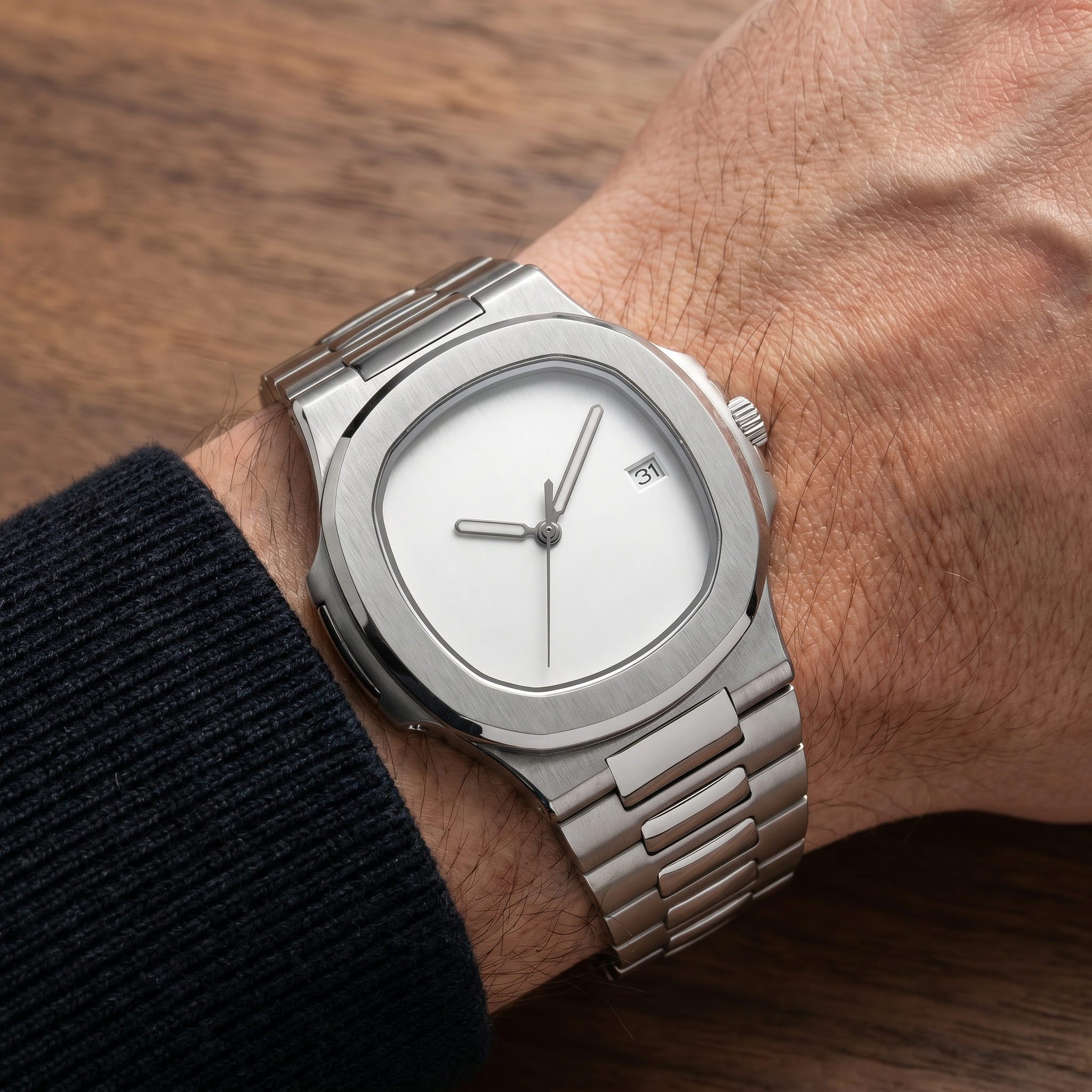 Nautilus-style automatic watch, Velanti Milano Nautvel Minimalist Silver worn on wrist
