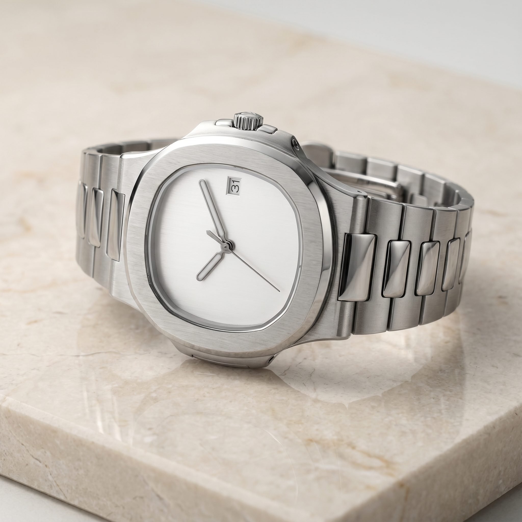 Nautilus-style automatic watch, Velanti Milano Nautvel Minimalist Silver, watch detail photo