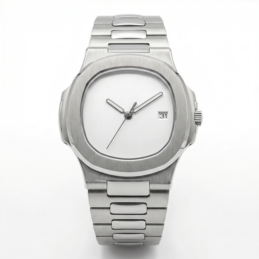 Nautilus-style custom mod watch, Velanti Milano Nautvel Minimalist Silver, main product photo