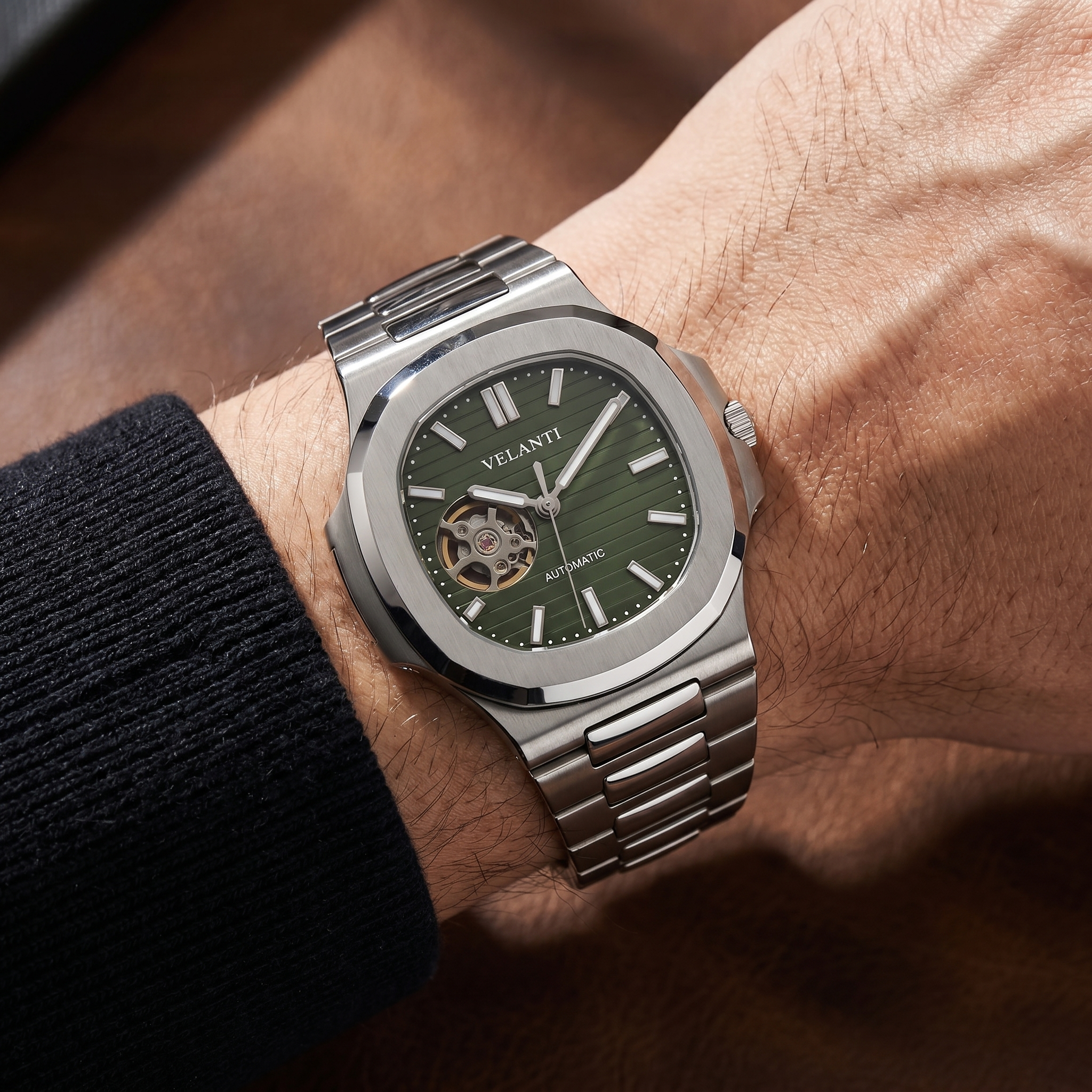 Nautilus-style automatic watch, Velanti Milano Nautvel Olive Green Open Movement worn on wrist photo 5