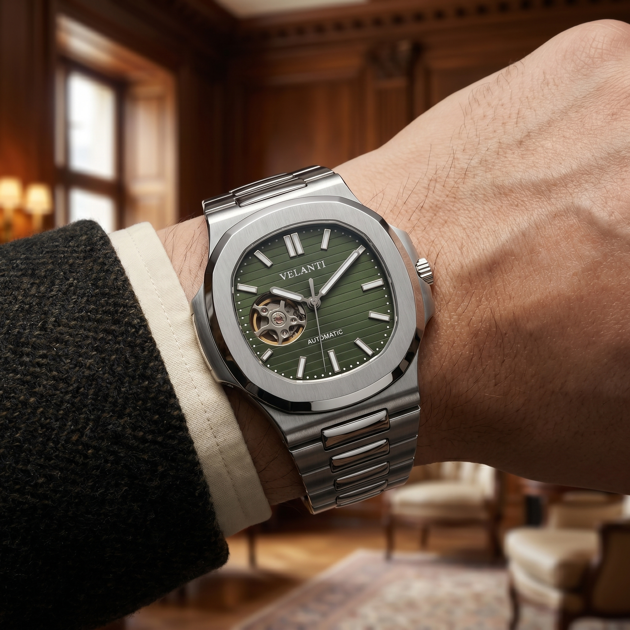 Nautilus-style automatic watch, Velanti Milano Nautvel Olive Green Open Movement, product photo 8