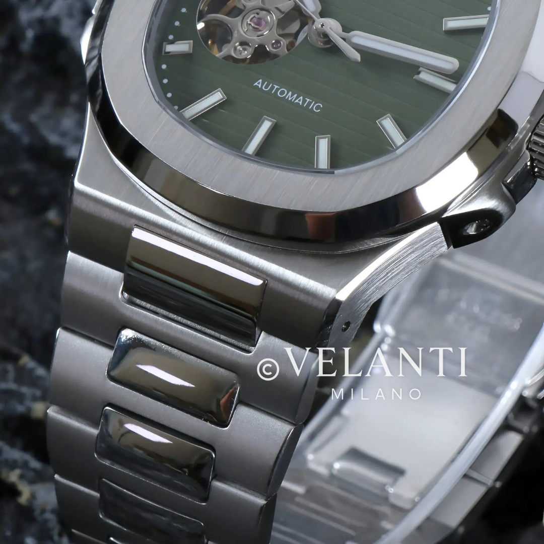 Nautilus-style automatic watch, Velanti Milano Nautvel Olive Green Open Movement, product photo 6