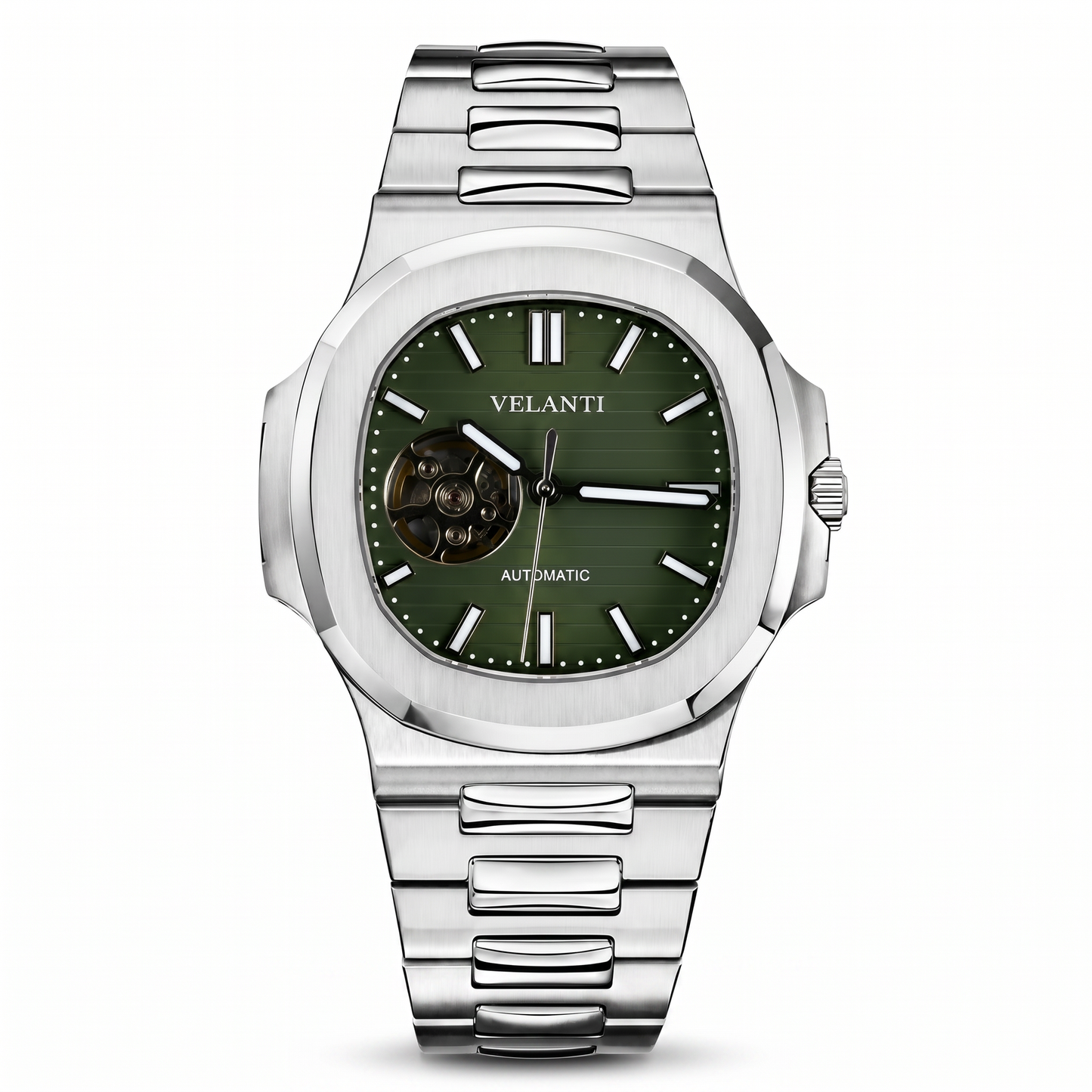 Nautilus-style custom mod watch, Velanti Milano Nautvel Olive Green Open Movement, main product photo