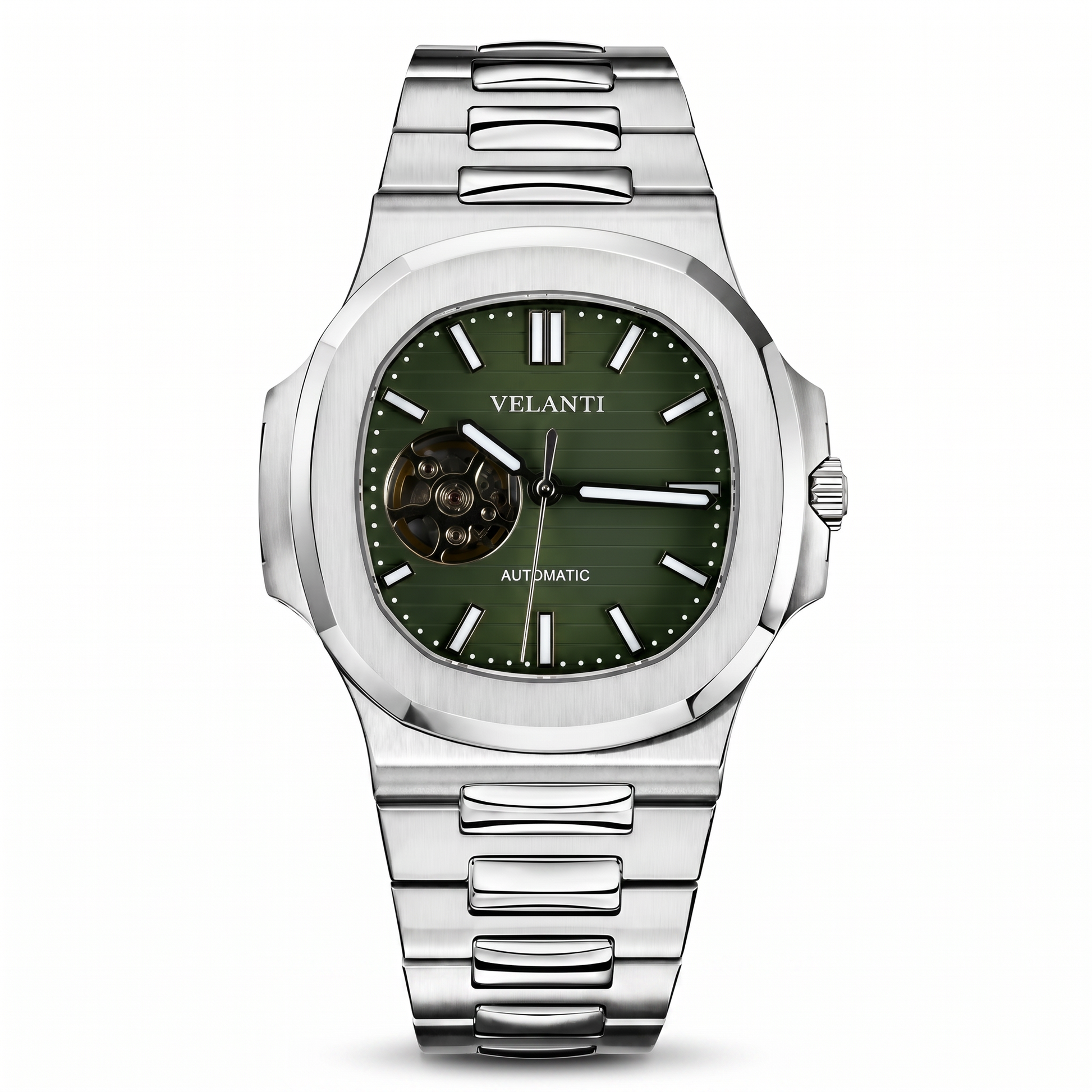 Nautilus-style custom mod watch, Velanti Milano Nautvel Olive Green Open Movement, main product photo