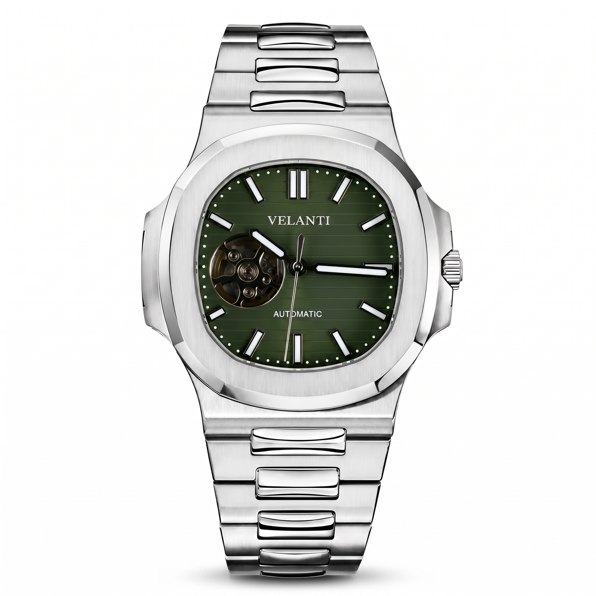 Nautilus-style automatic watch, Velanti Milano Nautvel Olive Green Open Movement, main product photo