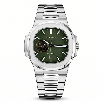 Nautilus-style custom mod watch, Velanti Milano Nautvel Olive Green Open Movement, main product photo