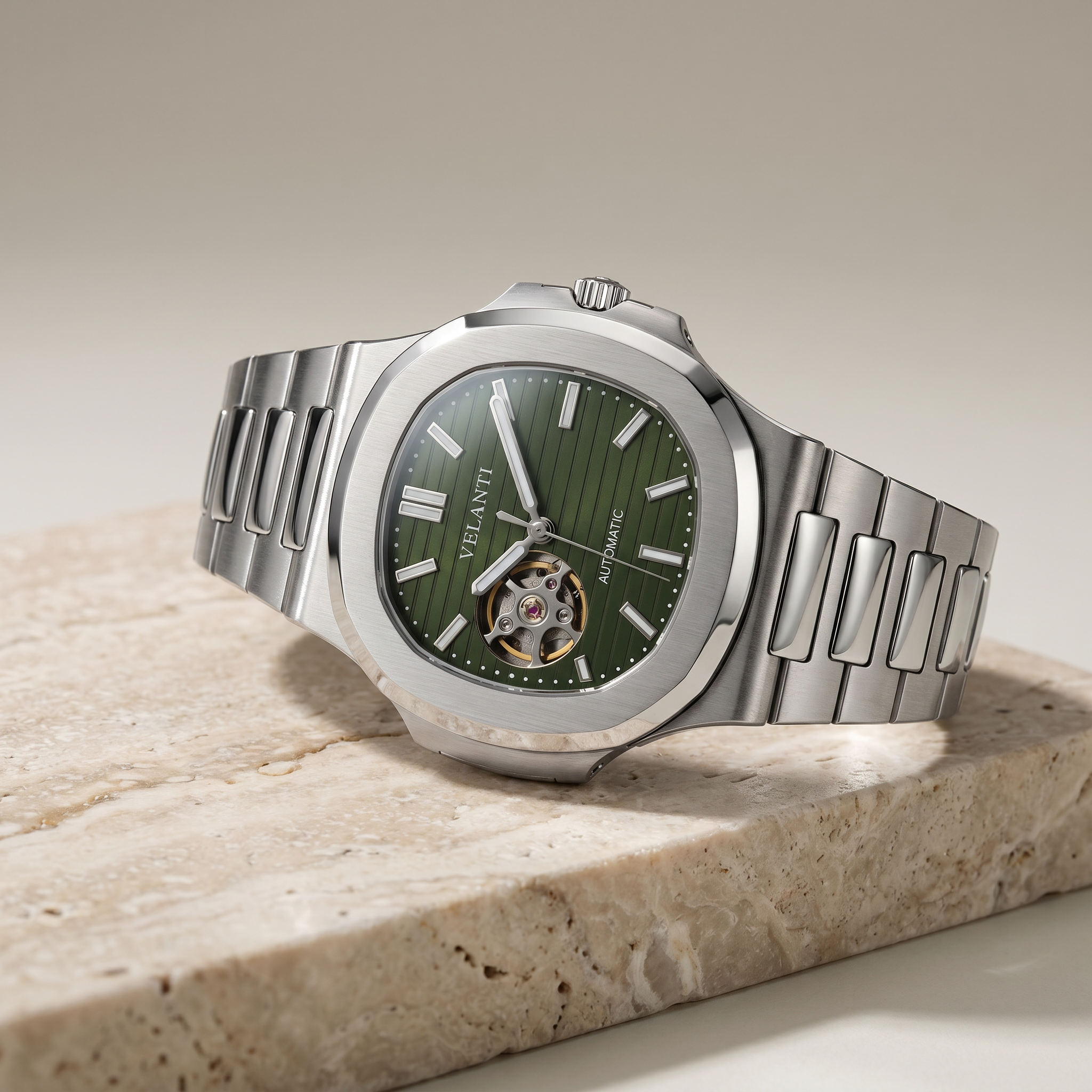 Nautilus-style automatic watch, Velanti Milano Nautvel Olive Green Open Movement, product photo 3