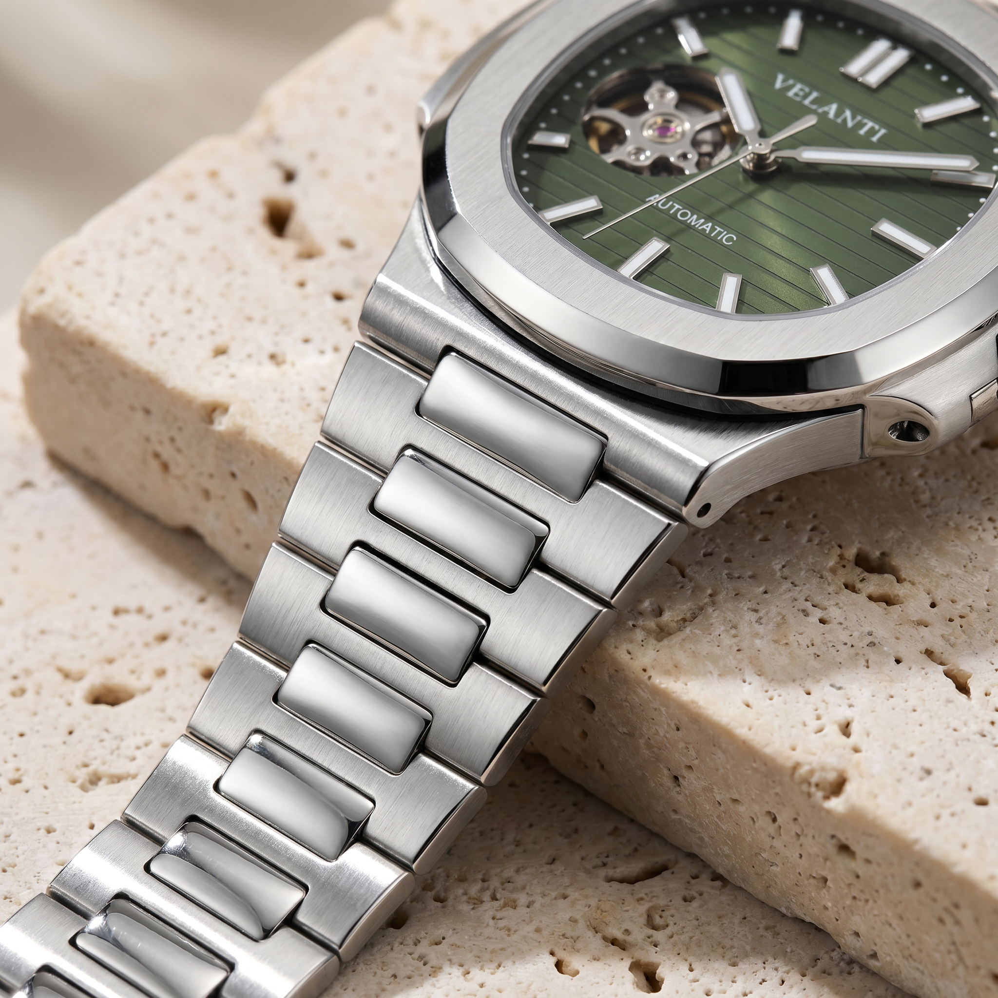Nautilus-style automatic watch, Velanti Milano Nautvel Olive Green Open Movement, product photo 4