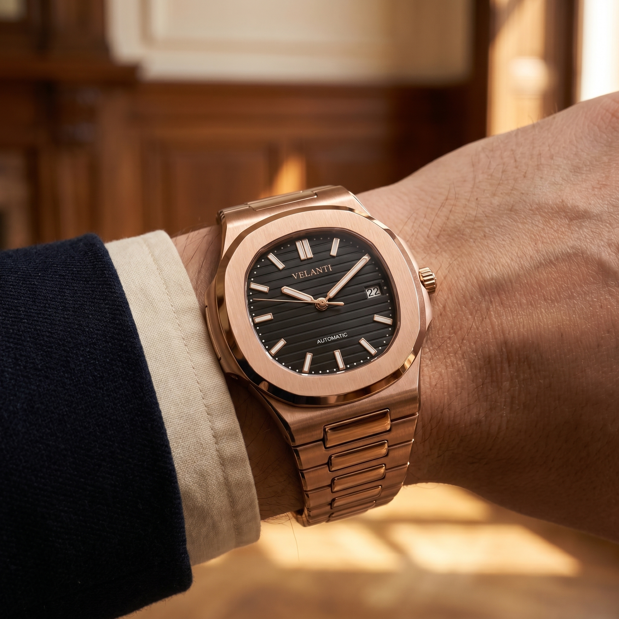 Nautilus-style automatic watch, Velanti Milano Nautvel Rose Gold Black, product photo 6