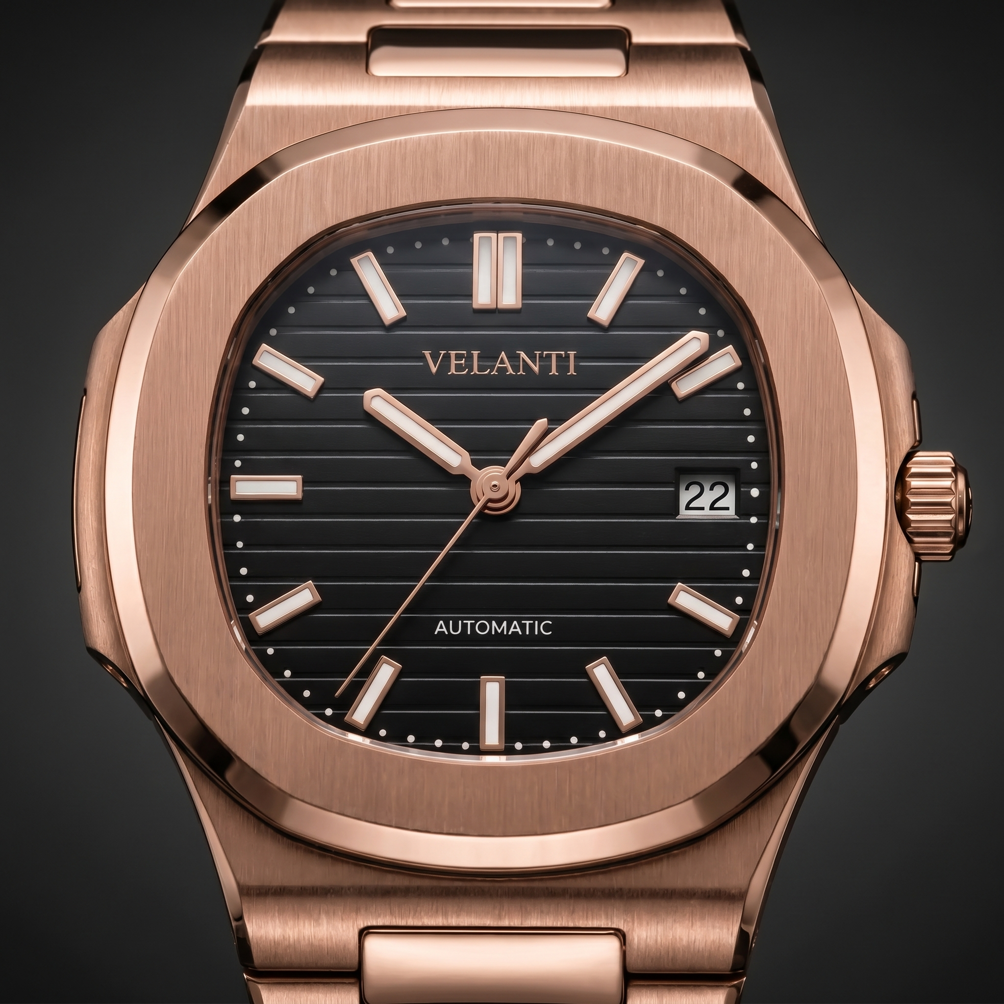 Nautilus-style automatic watch, Velanti Milano Nautvel Rose Gold Black, watch detail photo 7
