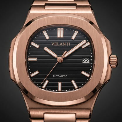 Nautilus-style custom automatic watch, Velanti Milano Nautvel Rose Gold Black, watch detail photo 7