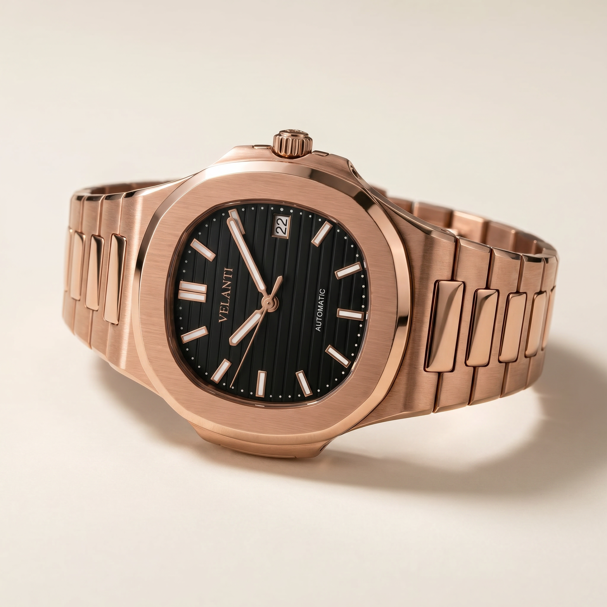 Nautilus-style automatic watch, Velanti Milano Nautvel Rose Gold Black, watch detail photo 9