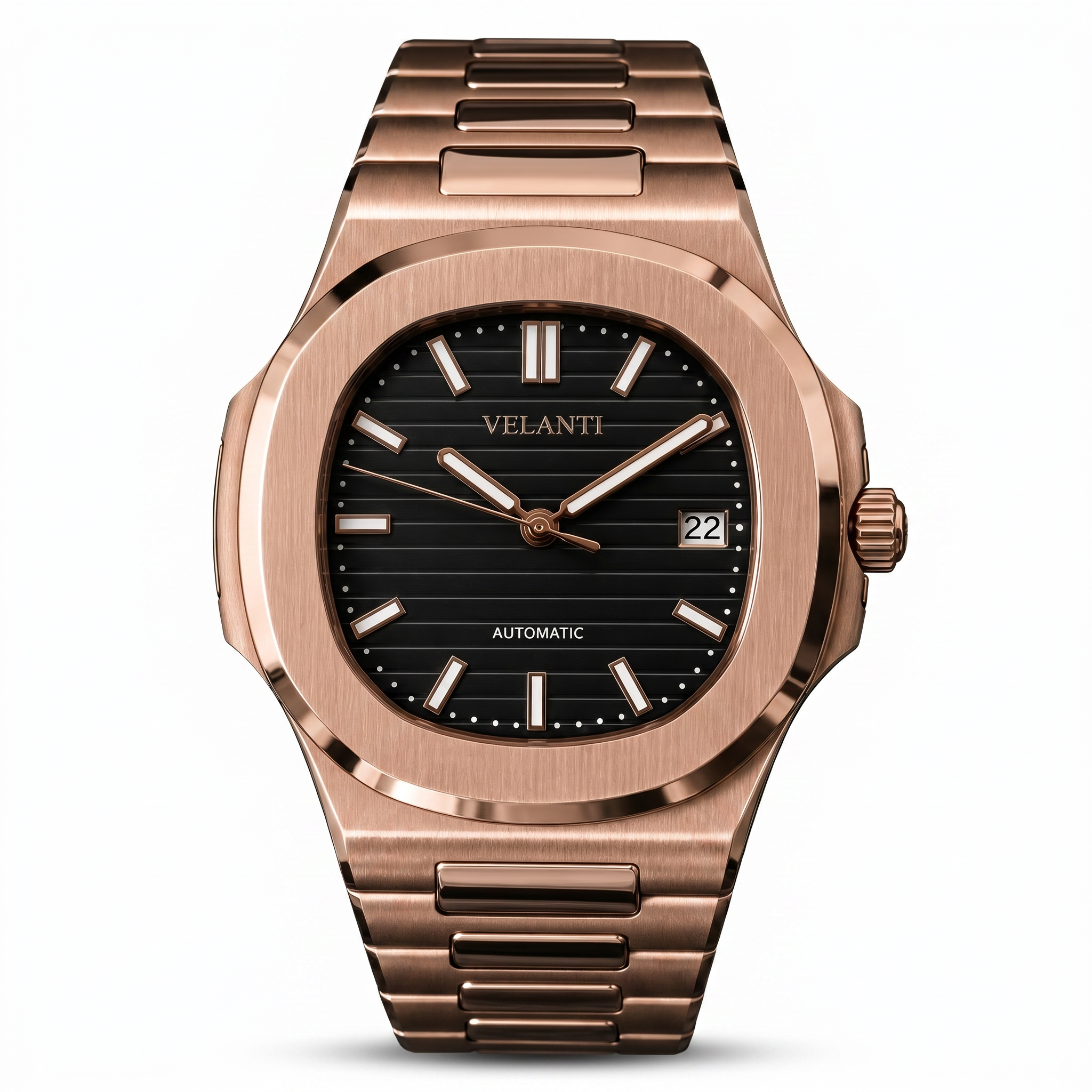 Nautilus-style automatic watch, Velanti Milano Nautvel Rose Gold Black, main product photo