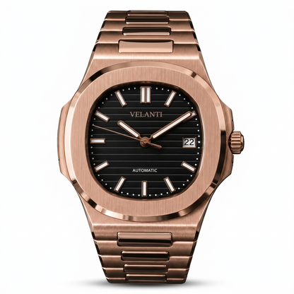 Nautilus-style custom mod watch, Velanti Milano Nautvel Rose Gold Black, main product photo