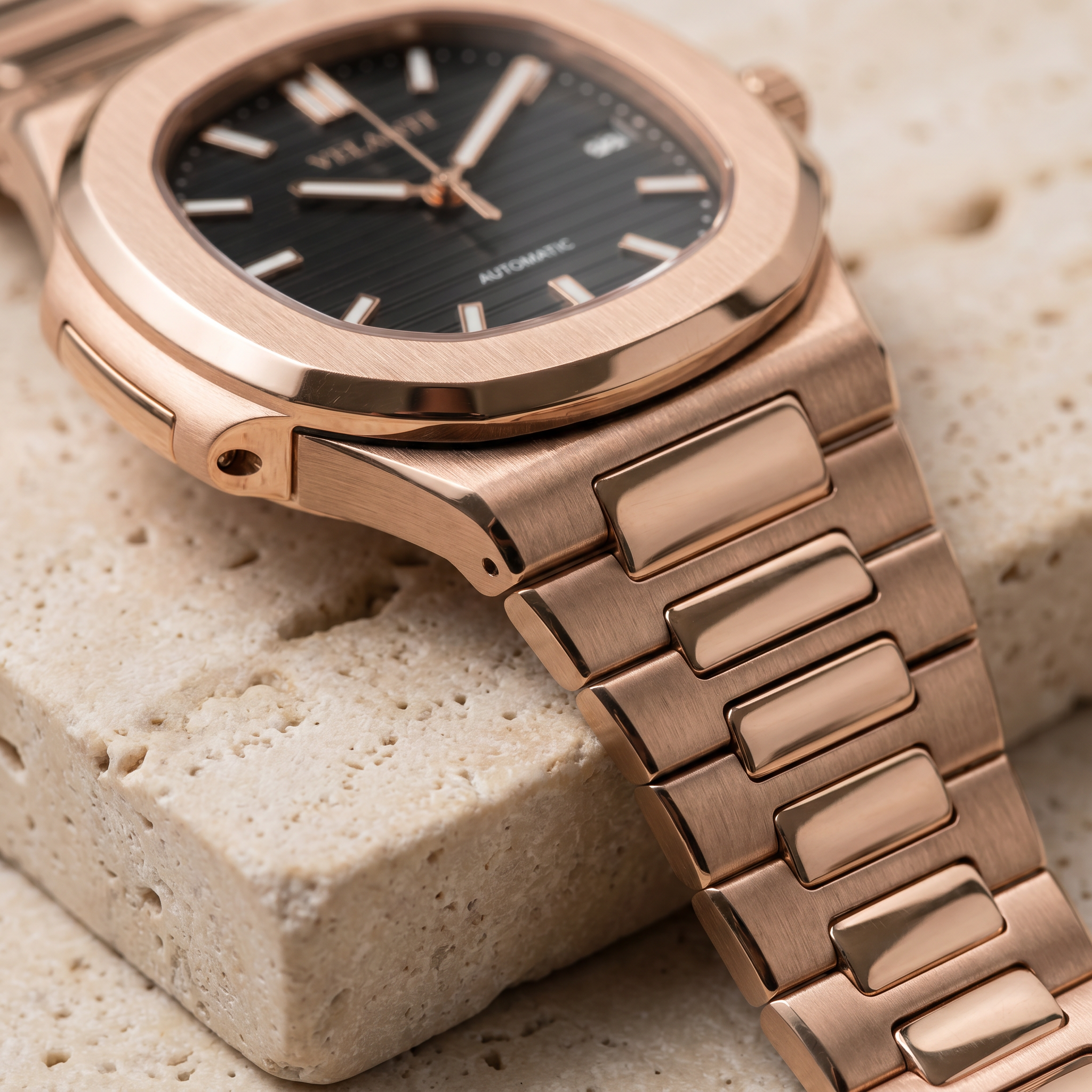 Nautilus-style automatic watch, Velanti Milano Nautvel Rose Gold Black, product photo 3