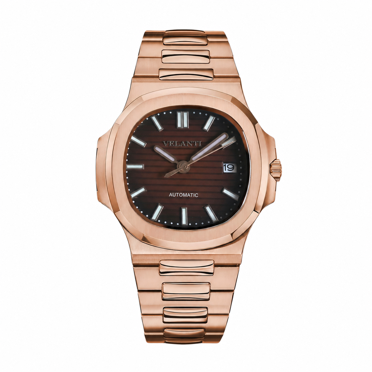 Nautilus-style automatic watch, Velanti Milano Nautvel Rose Gold Brown, main product photo