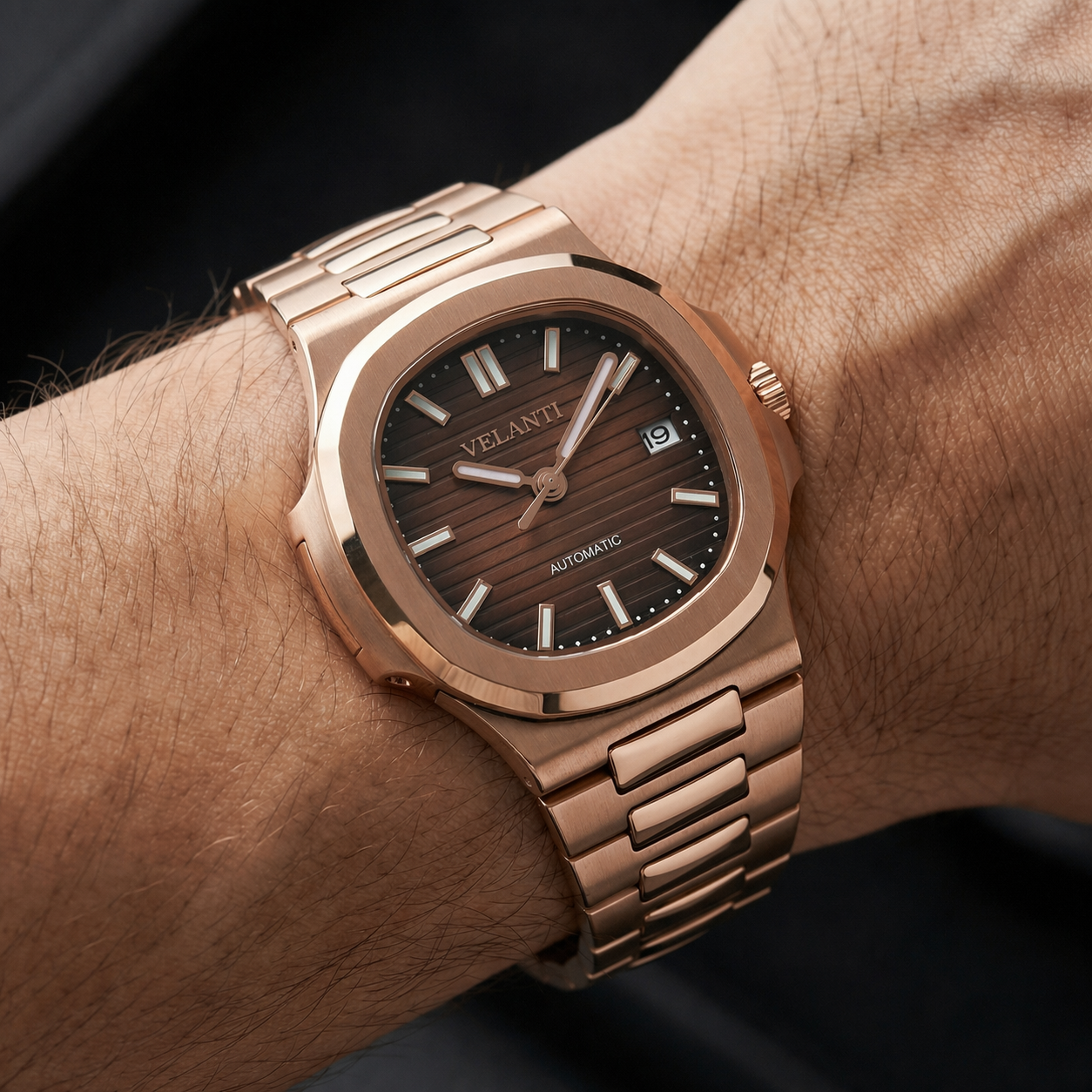 Nautilus-style automatic watch, Velanti Milano Nautvel Rose Gold Brown, product photo 3