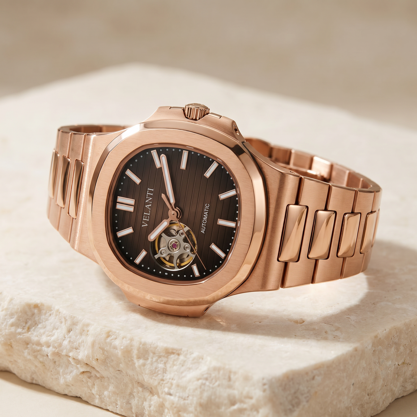 Nautilus-style custom automatic watch, Velanti Milano Nautvel Rose Gold Chocolate Open Heart, watch detail photo