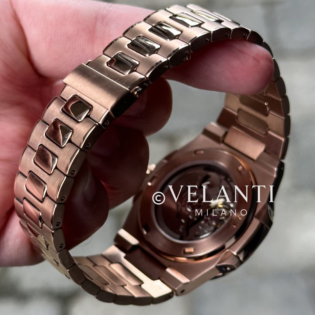 Nautilus-style automatic watch, Velanti Milano Nautvel Rose Gold Chocolate Open Heart, product photo 7