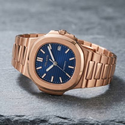 Nautilus-style custom automatic watch, Velanti Milano Nautvel Rose Gold Royal Blue, bracelet detail photo