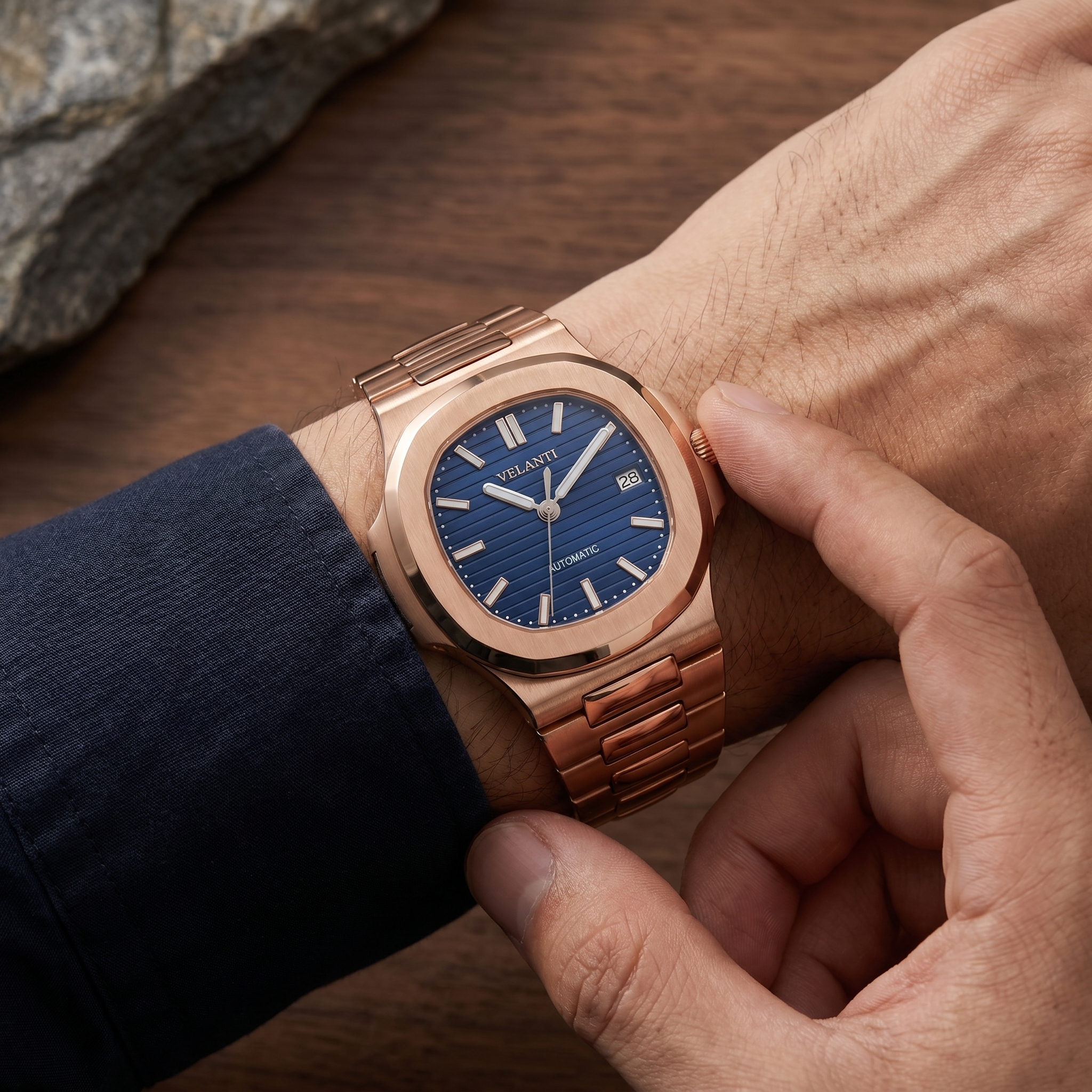 Nautilus-style automatic watch, Velanti Milano Nautvel Rose Gold Royal Blue worn on wrist photo 7