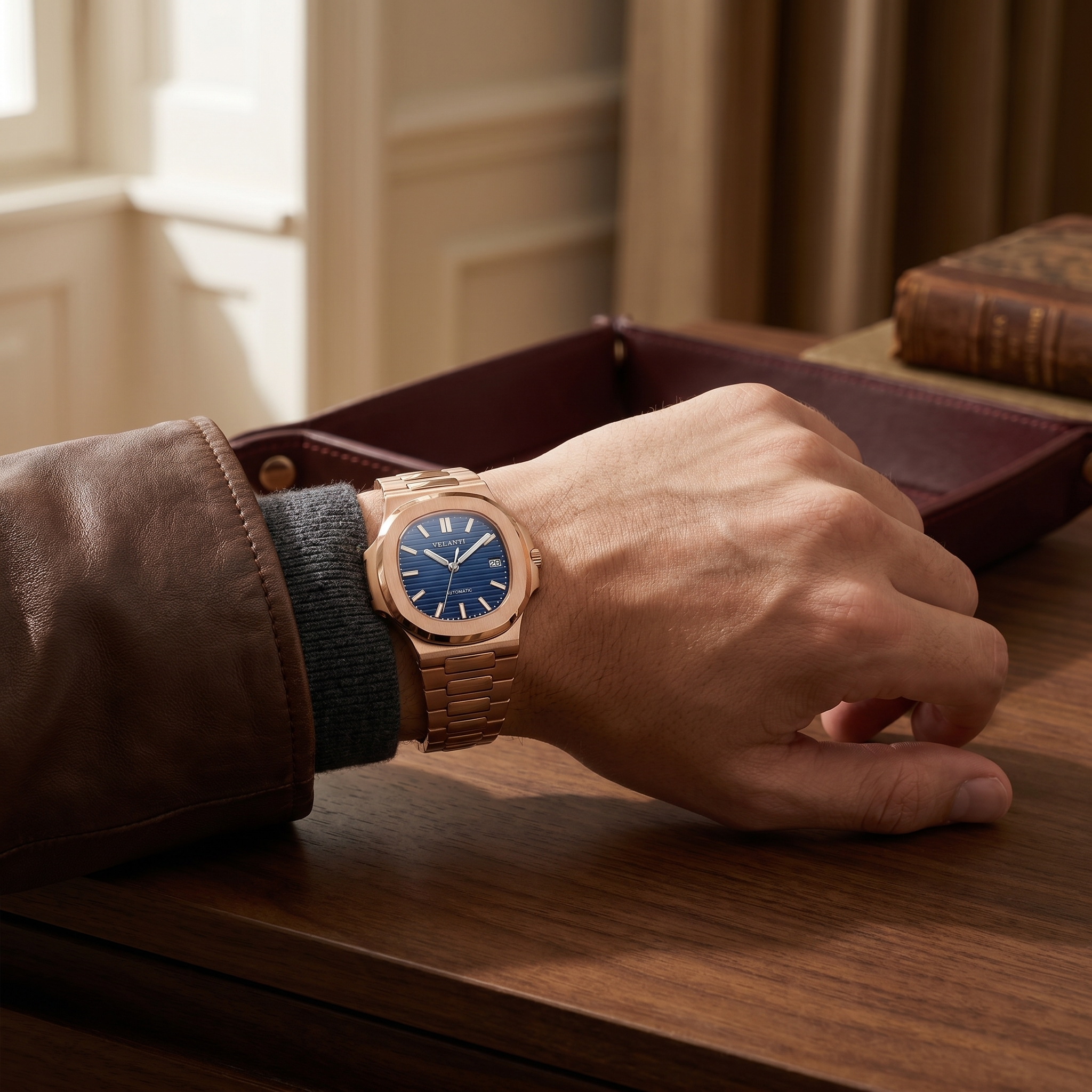 Nautilus-style automatic watch, Velanti Milano Nautvel Rose Gold Royal Blue worn on wrist photo 8