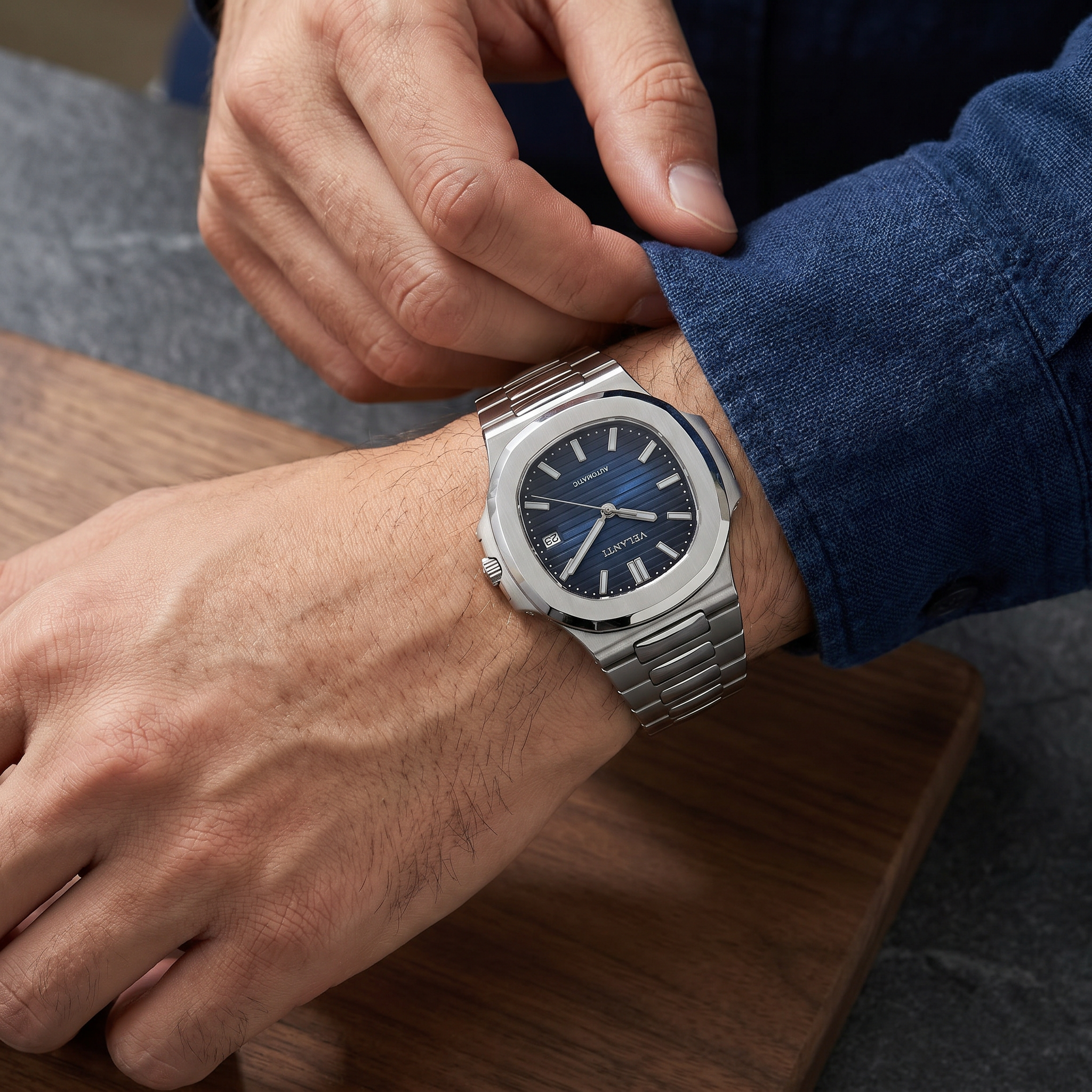 Nautilus-style automatic watch, Velanti Milano Nautvel Royal Blue worn on wrist