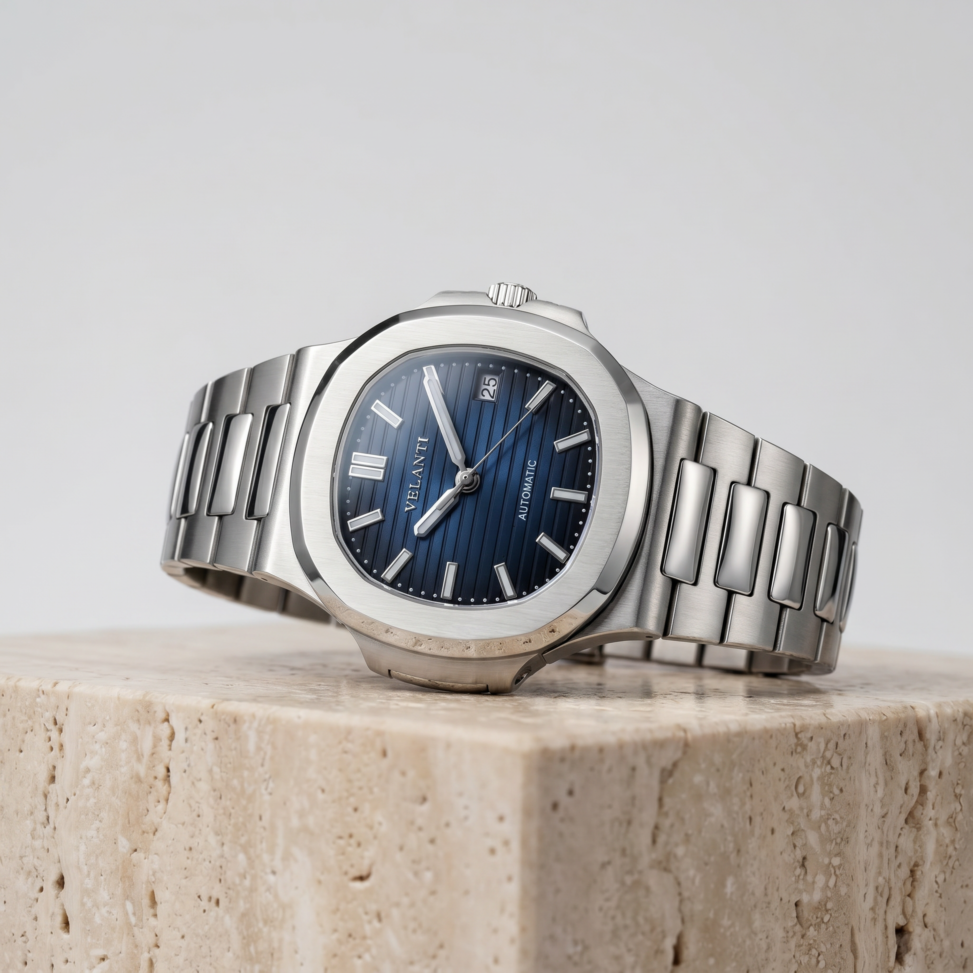 Nautilus-style custom mod watch, Velanti Milano Nautvel Royal Blue, product photo 2