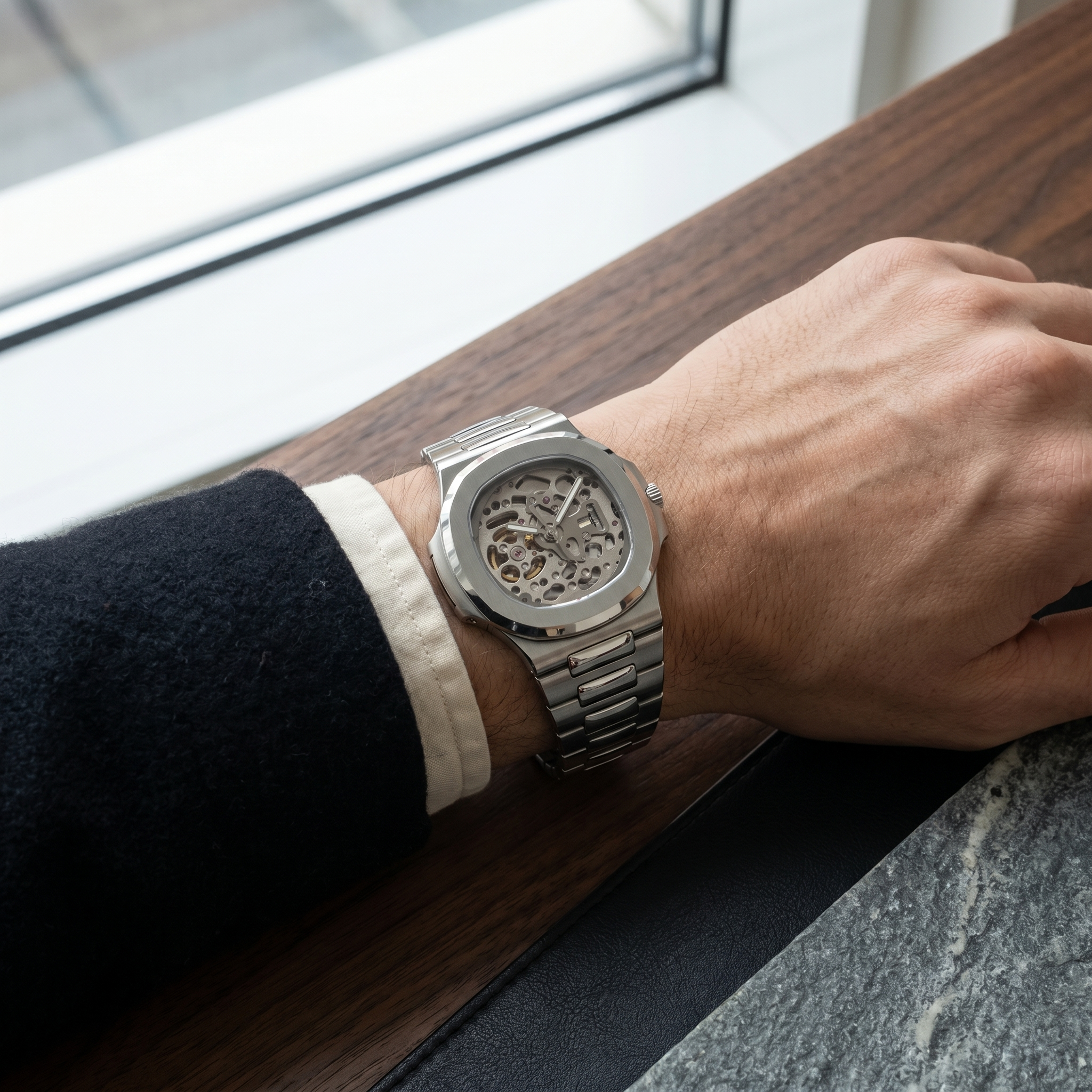 Nautilus-style automatic watch, Velanti Milano Nautvel Skeleton worn on wrist
