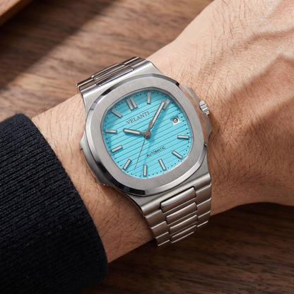 Nautilus-style automatic watch, Velanti Milano Nautvel Tiffany Blue, on-wrist photo
