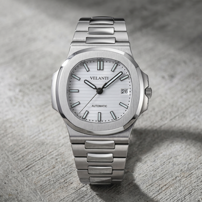 Nautilus-style custom automatic watch, Velanti Milano Nautvel White, bracelet detail photo