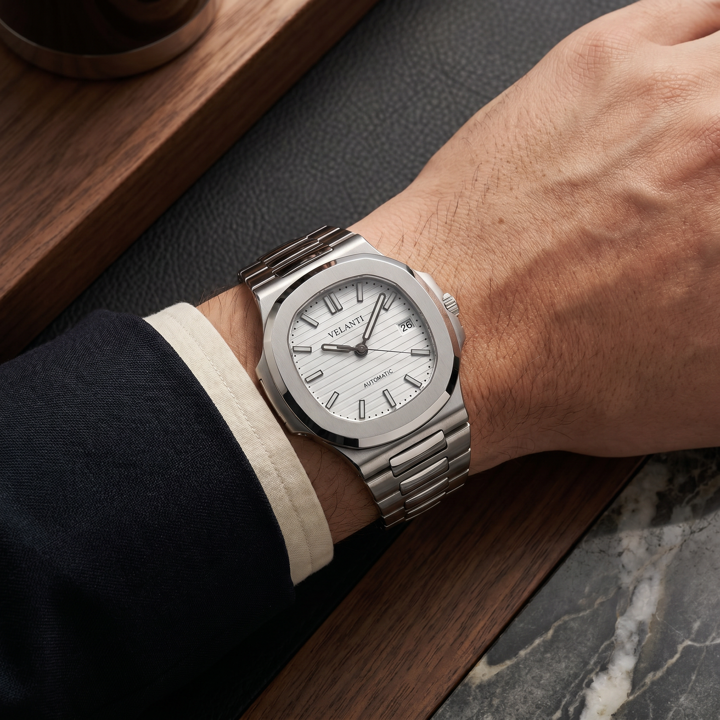 Nautilus-style automatic watch, Velanti Milano Nautvel White, on-wrist photo