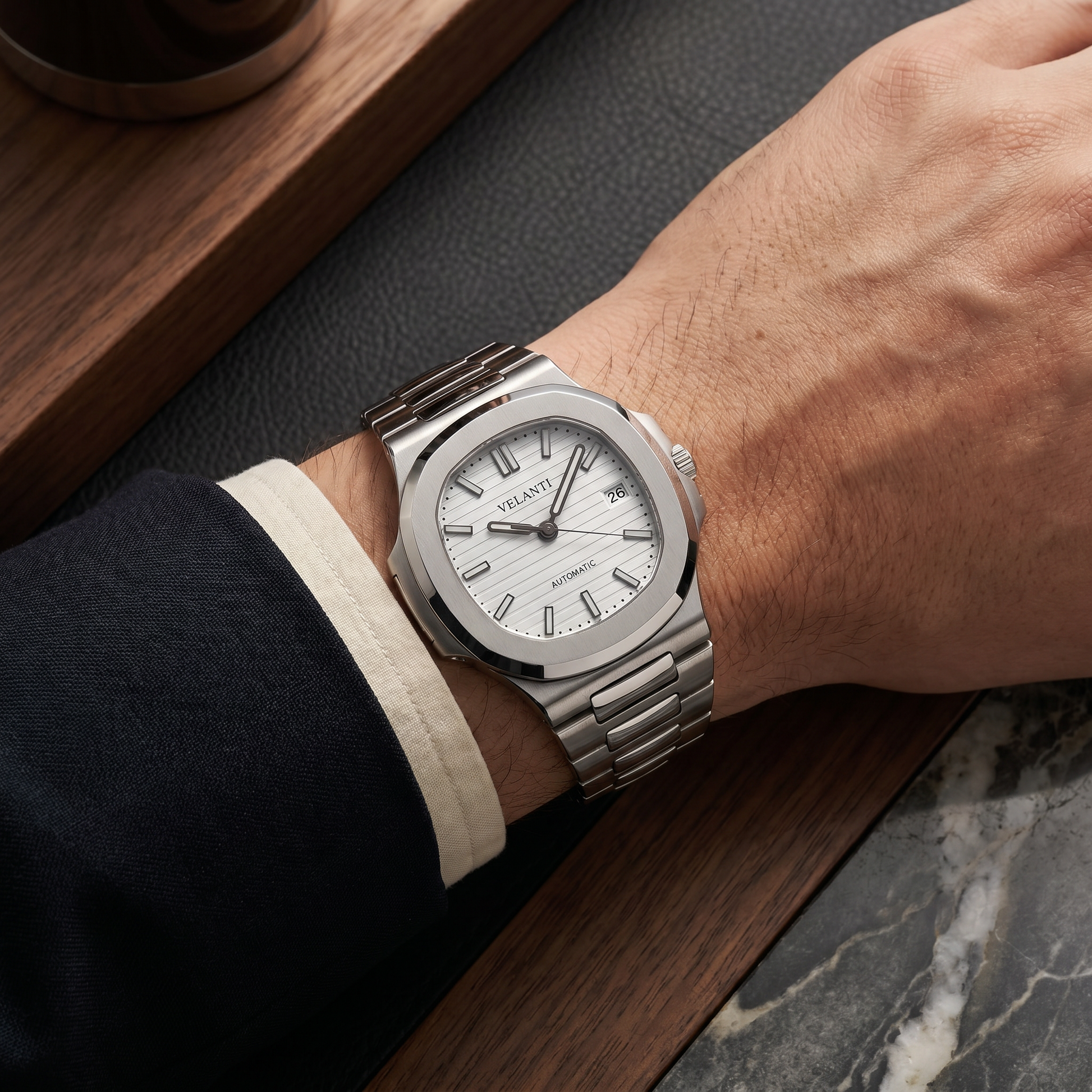 Nautilus-style automatic watch, Velanti Milano Nautvel White, on-wrist photo