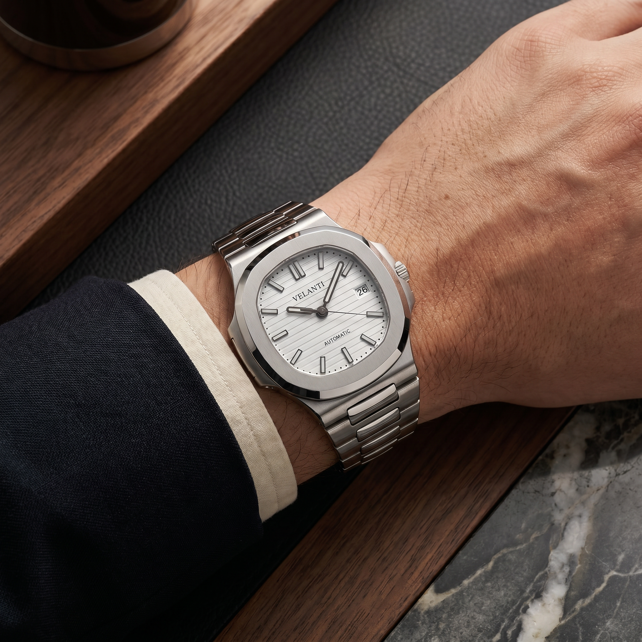 Nautilus-style automatic watch, Velanti Milano Nautvel White worn on wrist photo 4