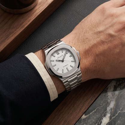 Nautilus-style automatic watch, Velanti Milano Nautvel White, on-wrist photo