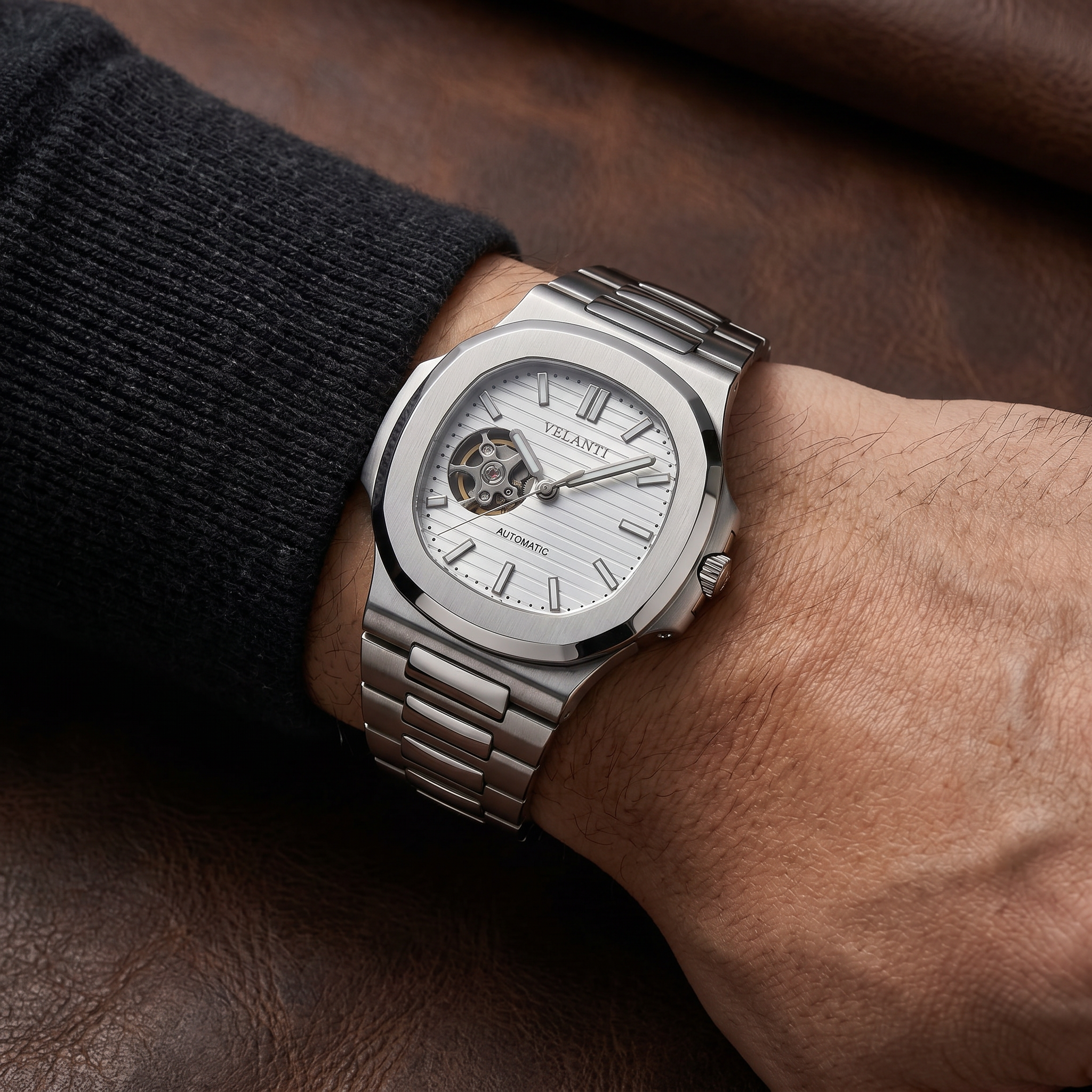 Nautilus-style automatic watch, Velanti Milano Nautvel White Open Heart worn on wrist photo 5