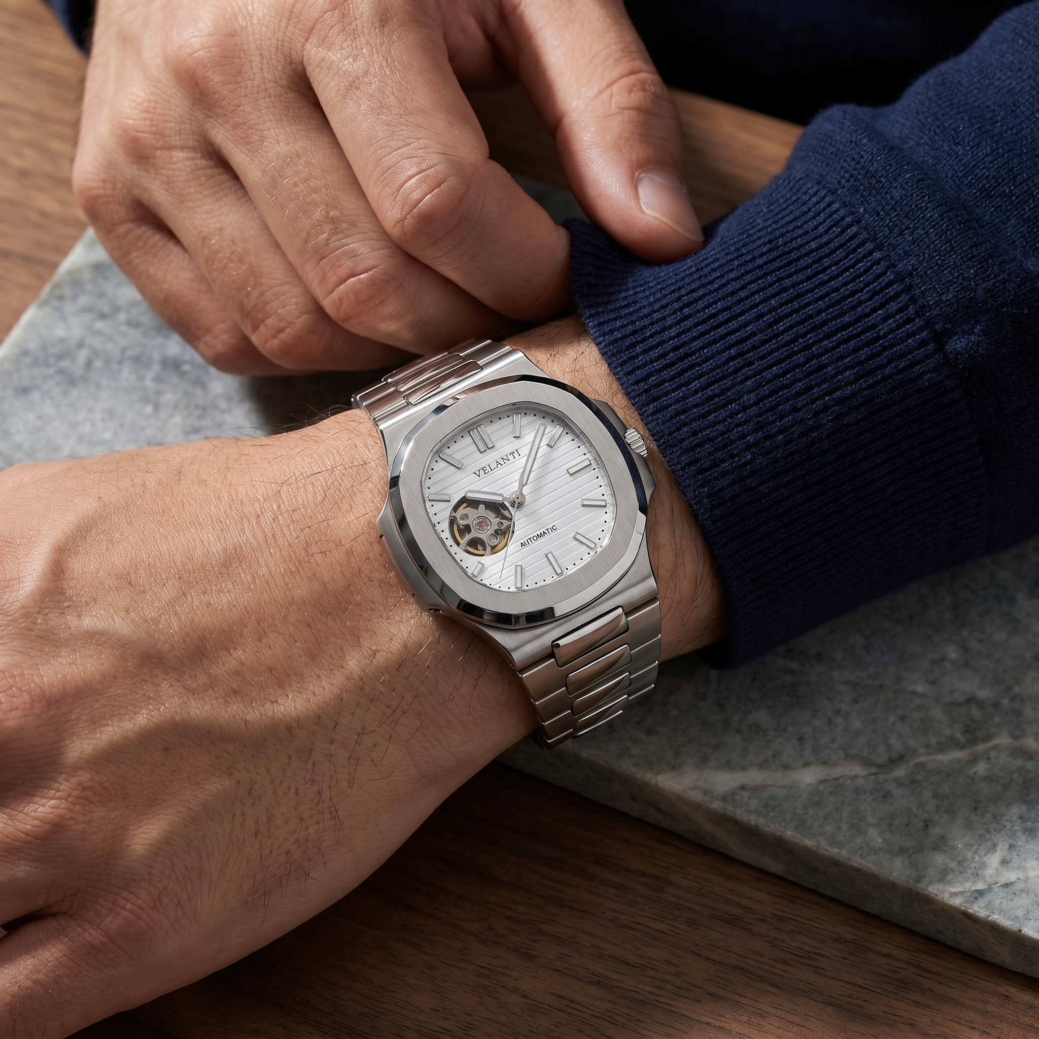 Nautilus-style automatic watch, Velanti Milano Nautvel White Open Heart worn on wrist photo 7