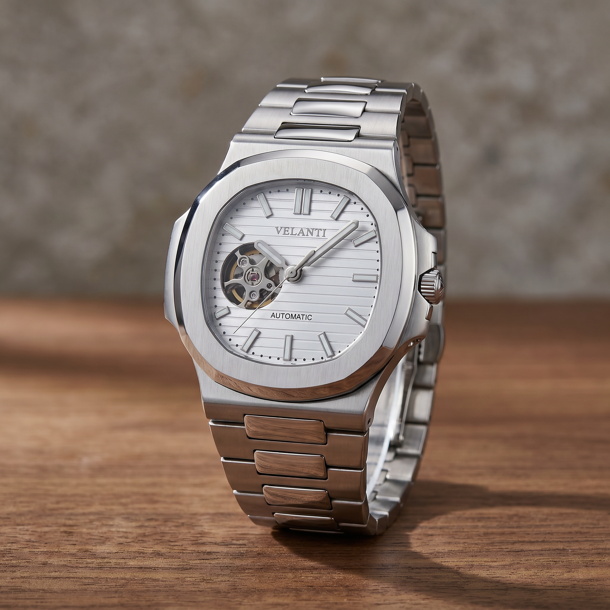 Nautilus-style automatic watch, Velanti Milano Nautvel White Open Heart, watch detail photo