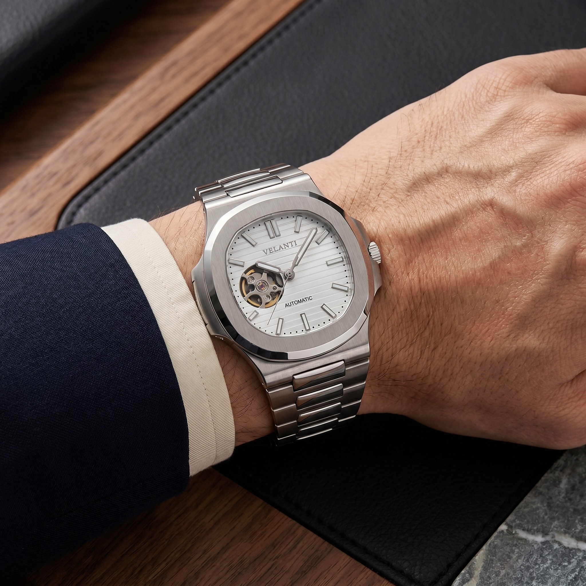 Nautilus-style automatic watch, Velanti Milano Nautvel White Open Heart worn on wrist photo 9