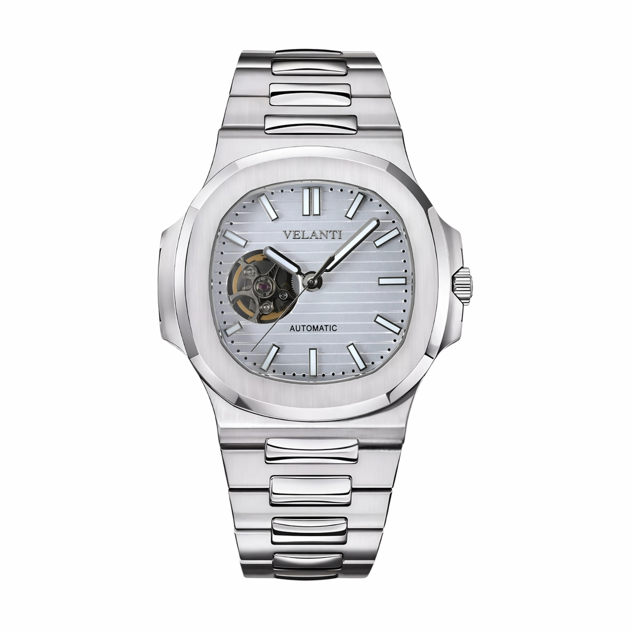 Nautilus-style automatic watch, Velanti Milano Nautvel White Open Heart, main product photo