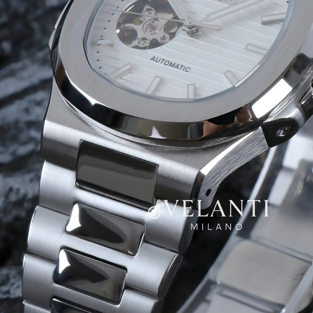 Nautilus-style automatic watch, Velanti Milano Nautvel White Open Heart, product photo 3
