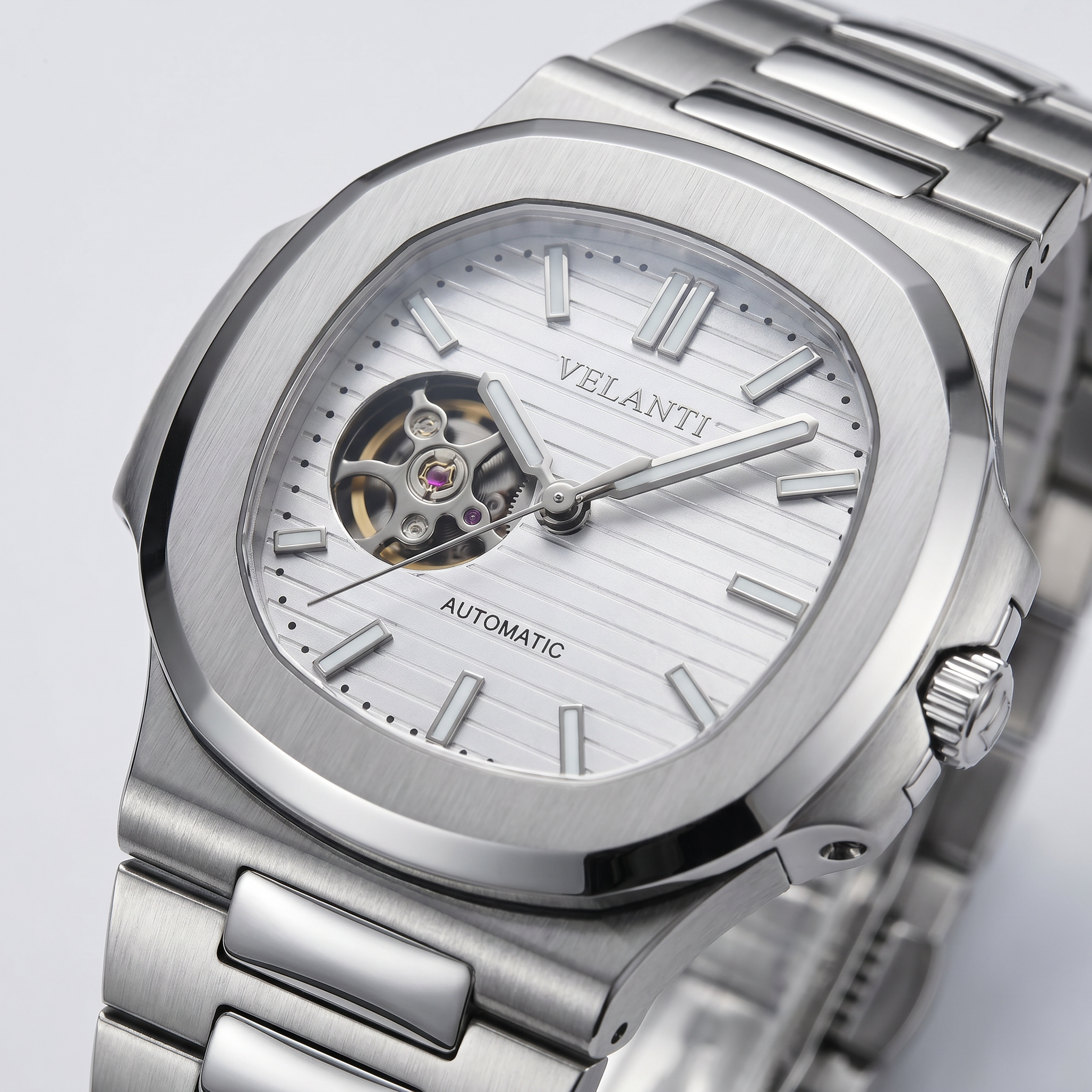Nautilus-style automatic watch, Velanti Milano Nautvel White Open Heart, product photo 2