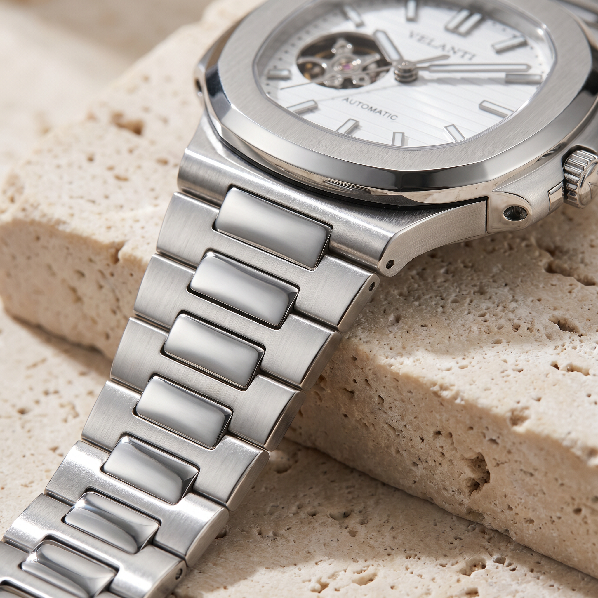Nautilus-style automatic watch, Velanti Milano Nautvel White Open Heart, product photo 4