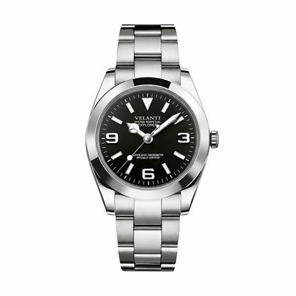 Explorer-style custom mod watch, Velanti Milano Oystvel Black, main product photo